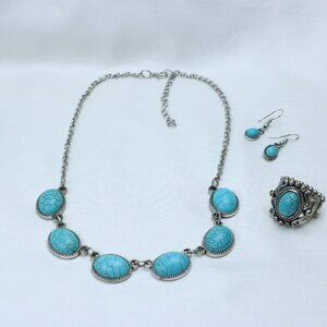 Turquoise Stone Necklace, Earrings & Ring Set | Silver Tone Boho